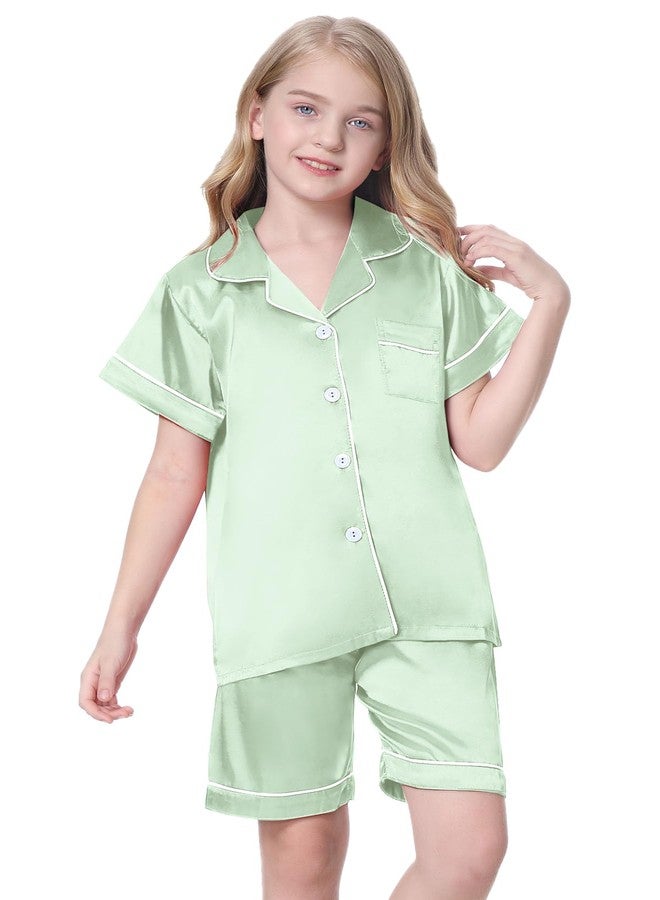 Schbbbta Satin Pajamas for Girls, 2 Pcs Sleepwear Short Sleeve Silk Satain Summer Pajama Set for Girls, Light Green, 9-10 Years = Tag 150 - Image 4